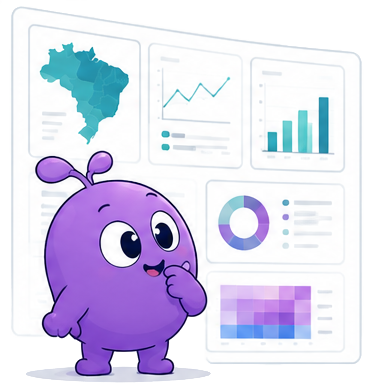 Mascote roxo observando painéis analíticos