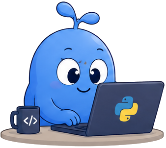 Mascote azul trabalhando em um notebook com Python